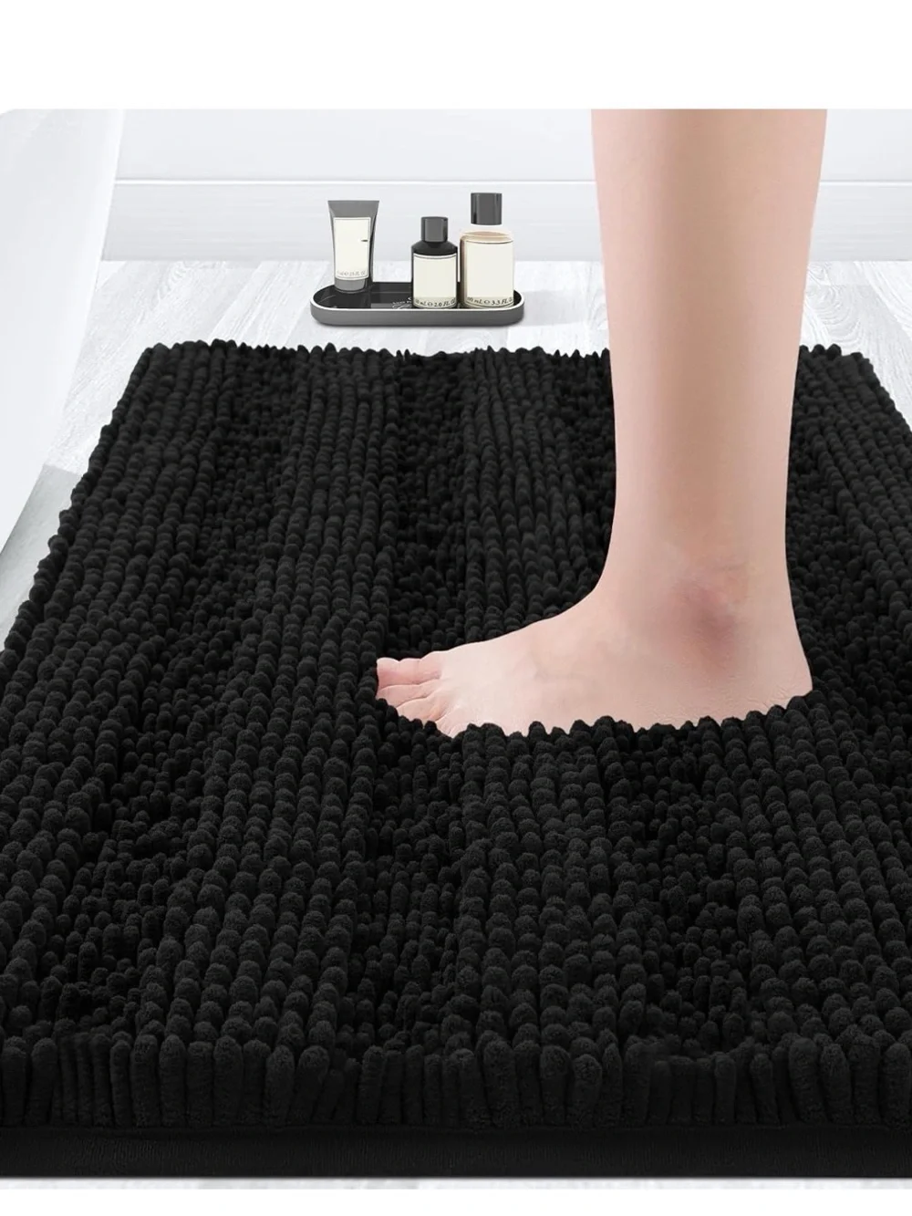 Plush Black Chenille Bath Mat - Soft Non-Slip Bathroom Rug NWT
